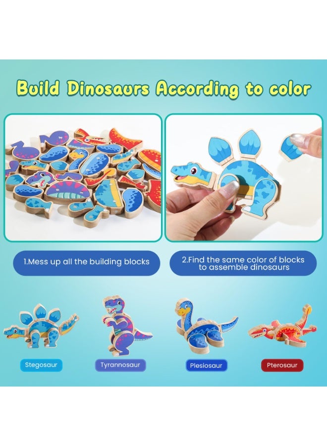 لبنات ديناصورات مغناطيسية - مجموعة لعبة ديناصورات خشبية قابلة للفصل، لعبة تعليمية STEM ومونتيسوري لمهارات الحركات الدقيقة، هدية ما قبل المدرسة للأطفال من 3 إلى 6 سنوات - Image 5