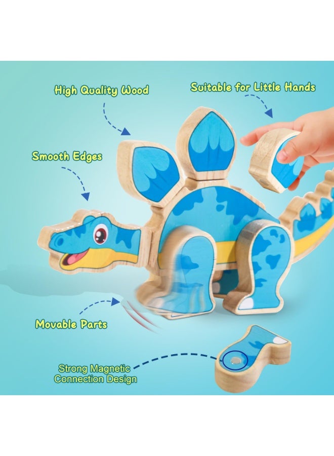 لبنات ديناصورات مغناطيسية - مجموعة لعبة ديناصورات خشبية قابلة للفصل، لعبة تعليمية STEM ومونتيسوري لمهارات الحركات الدقيقة، هدية ما قبل المدرسة للأطفال من 3 إلى 6 سنوات - Image 3