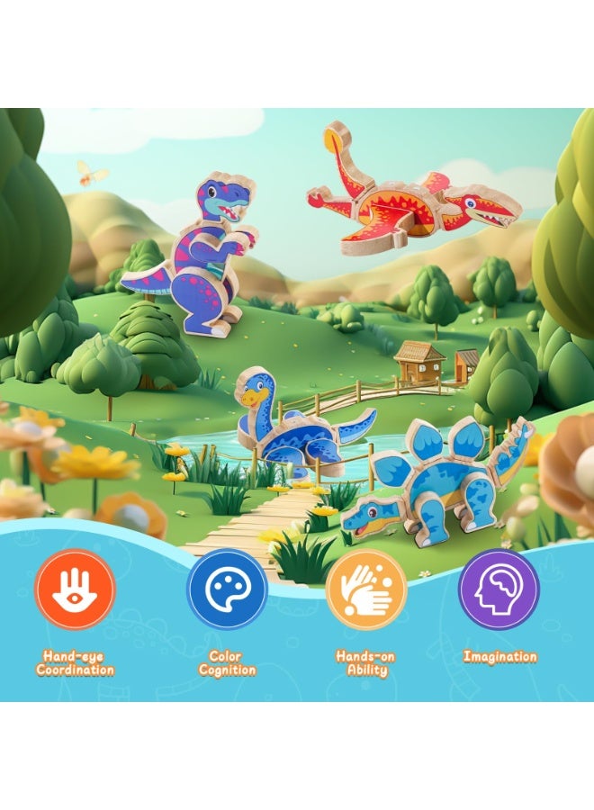 لبنات ديناصورات مغناطيسية - مجموعة لعبة ديناصورات خشبية قابلة للفصل، لعبة تعليمية STEM ومونتيسوري لمهارات الحركات الدقيقة، هدية ما قبل المدرسة للأطفال من 3 إلى 6 سنوات - Image 2