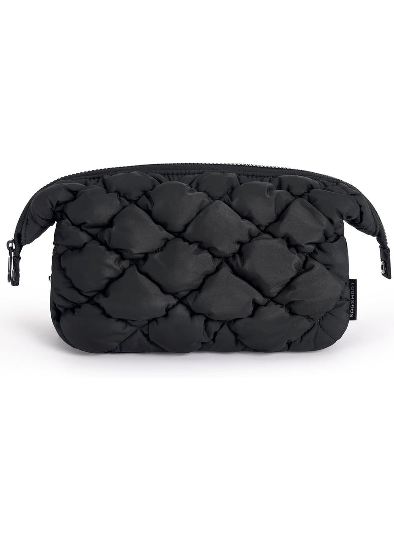 BAGSMART BAGSMART Quilted Travel Makeup Bag, Puffy Toiletry Organizer with Wide Opening, Cosmetic Storage for Women's Accessories, Black 