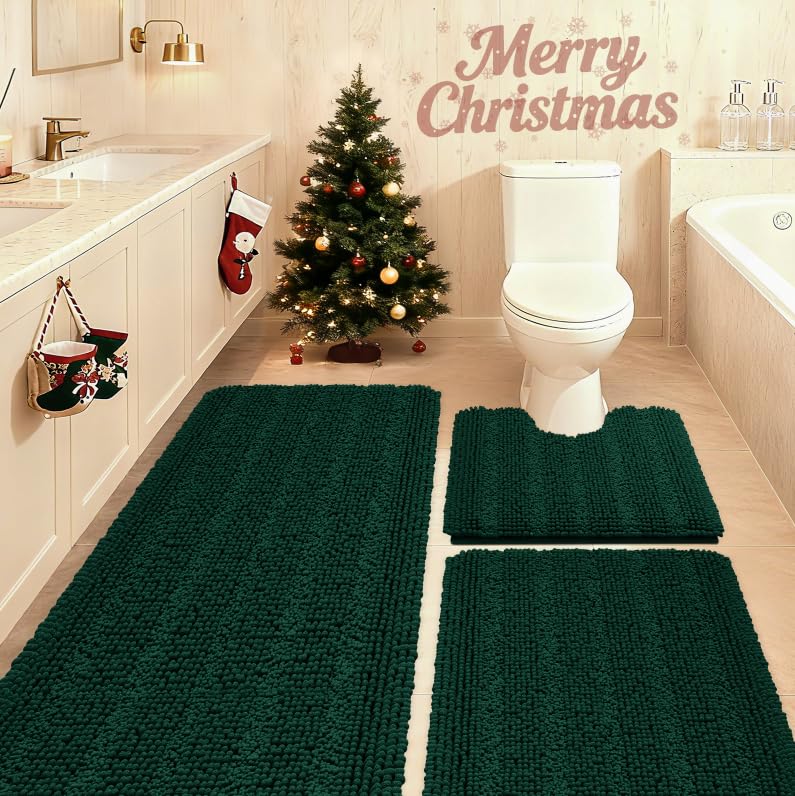 Striped Deep Green Bathroom Rug Set 3 Pieces Ultra Soft Non Slip Chenille Bath Carpet Absorbent Plush Shaggy Bath Mats for Bathroom Toilet Bedroom Kitchen