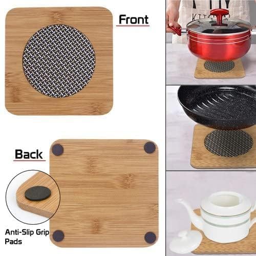 Kwena Square Shape Heating Insulation Resistant Natural Bamboo Wooden Coaster Heat Table Ware Pad Place mat for Hot Coffee, Bowl Tea Cup, Home, Kitchen Dining Pan Pot Holder - Image 3