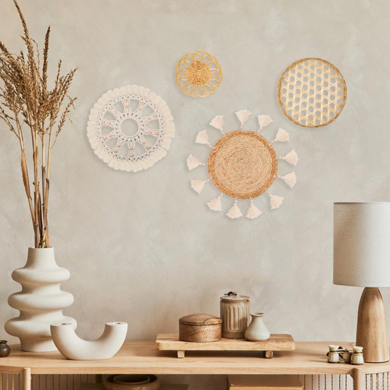 LOCS MICRAI Boho Wall Basket Decor Set of 4 - Flat Woven Basket Wall Hanging Decor,Round Tassels White Macrame Tapestry Wall Decor Art,Handmade Rattan Wicker Seagrass Home Wall Baskets Decor(Wooden Beads Style) - Image 5