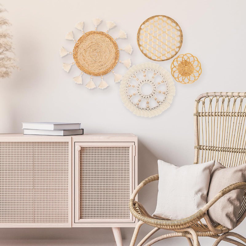 LOCS MICRAI Boho Wall Basket Decor Set of 4 - Flat Woven Basket Wall Hanging Decor,Round Tassels White Macrame Tapestry Wall Decor Art,Handmade Rattan Wicker Seagrass Home Wall Baskets Decor(Wooden Beads Style) - Image 4