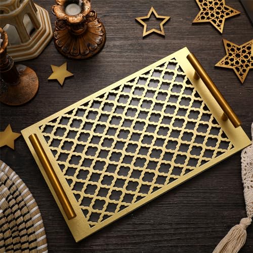 Vesici Ramadan Serving Trays Gold Eid Mubarak Kitchen Decor Eid Mubarak Serving Tray with Acrylic Waterproof Panel and Handle for Cookie Candy Pastry Dessert Ramadan Party Supplies(Rectangle) - Image 1