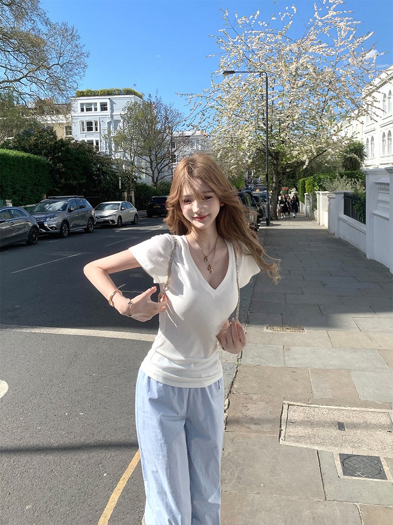 JMSHOP ضوء الناس ورقة تي الراحة أولا ~ Tencel الصوف V-Neck تي شيرت تصميم النساء الصيف قصيرة الأكمام أعلى - Image 2