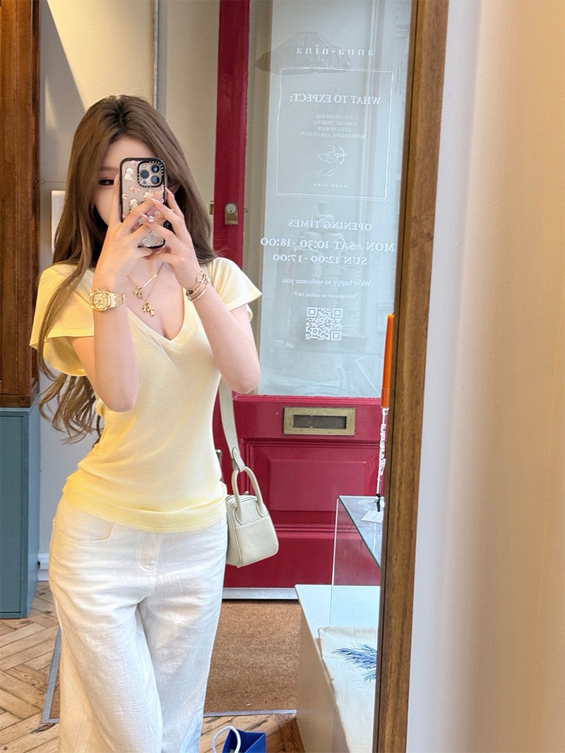 JMSHOP ضوء الناس ورقة تي الراحة أولا ~ Tencel الصوف V-Neck تي شيرت تصميم النساء الصيف قصيرة الأكمام أعلى - Image 4