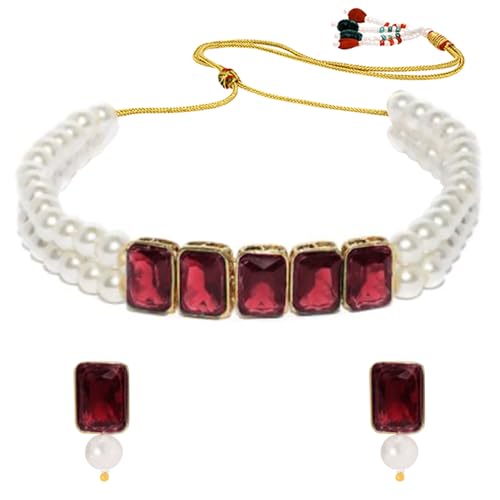 Peora Women's Gold Plated Maroon Crystal Pearl Choker Necklace with Earrings Set - Image 1