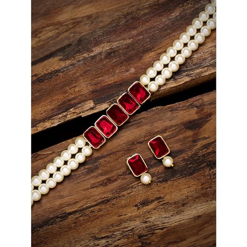 Peora Women's Gold Plated Maroon Crystal Pearl Choker Necklace with Earrings Set - Image 2