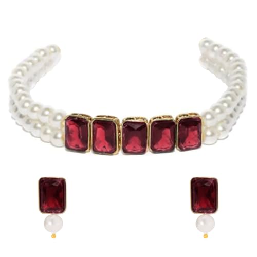 Peora Women's Gold Plated Maroon Crystal Pearl Choker Necklace with Earrings Set - Image 4