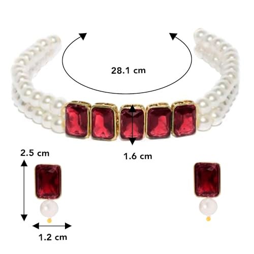 Peora Women's Gold Plated Maroon Crystal Pearl Choker Necklace with Earrings Set - Image 5