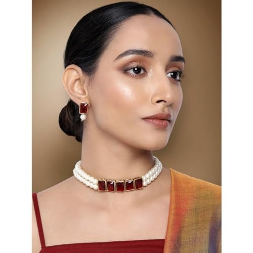 Peora Women's Gold Plated Maroon Crystal Pearl Choker Necklace with Earrings Set - Image 3