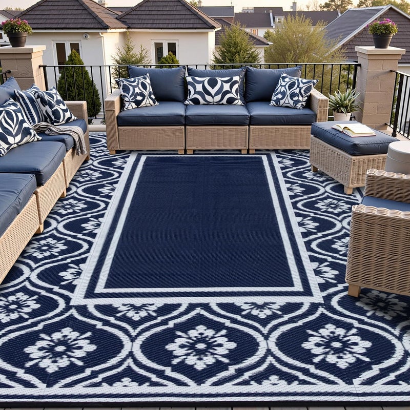 HUGEAR Outdoor Rug 8x10 Patio Camping Carpet Waterproof Mat Blue Outside Plastic Area Rug Reversible Rugs for RV Deck Entryance Porch Picnic Balcony Beach8x10ft Navy BlueWhite