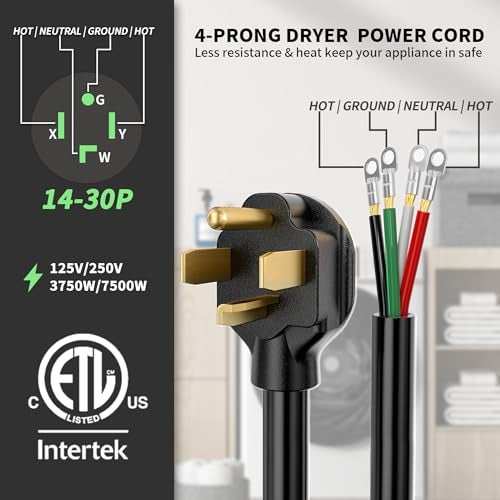 POWGRN 30 Amp 4 Prong Dryer Cord 10 FT Black, 10/4 Gauge Appliance Dryer Power Cord NEMA 14-30P to 4-Wire, Pure Copper Wire, ETL Listed - Image 2