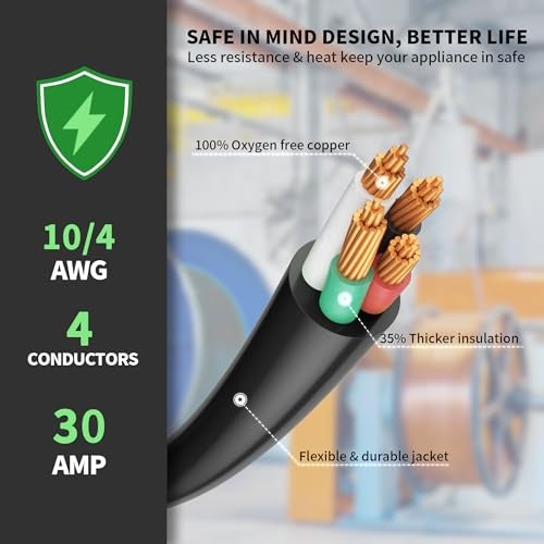 POWGRN 30 Amp 4 Prong Dryer Cord 10 FT Black, 10/4 Gauge Appliance Dryer Power Cord NEMA 14-30P to 4-Wire, Pure Copper Wire, ETL Listed - Image 3
