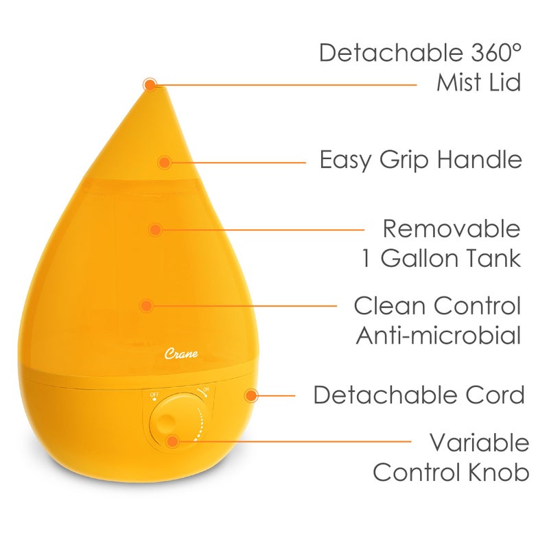 Crane Ultrasonic Cool Mist Humidifier for Bedroom, Baby Nursery, Kids Room, Plants, or Office, Large 1 Gallon Tank, Filter Optional, Orange - Image 3