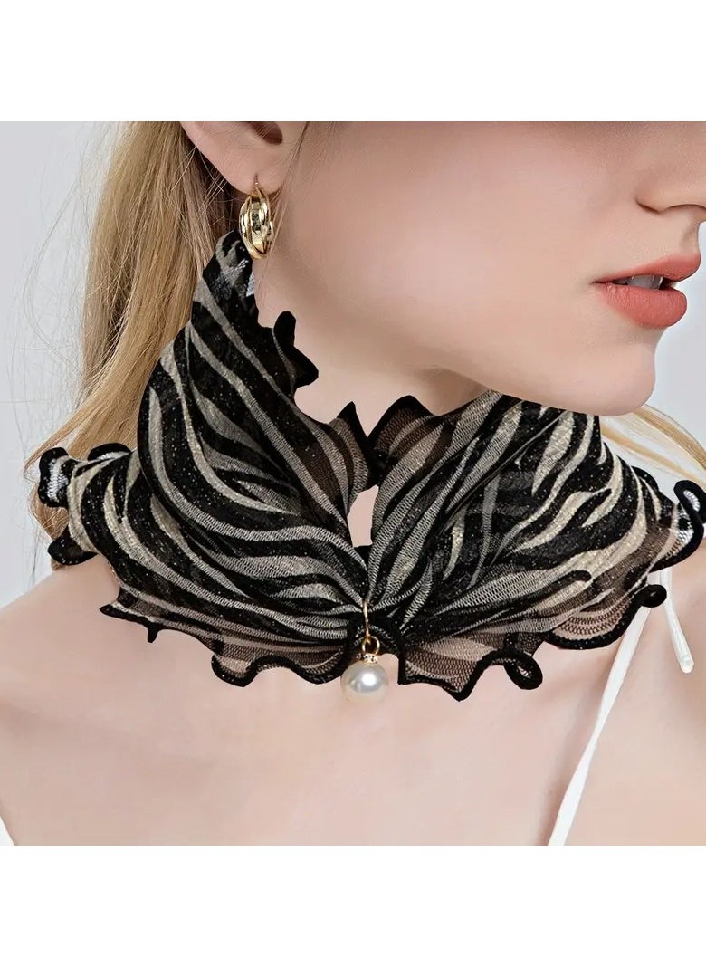 Goolsky Elegant Faux Pearl Pendant Neck Gaiter - Breathable & Sun-Protective Mesh Scarf with Ruffle Trim, Versatile Headband & Bracelet for Women  - Image 1
