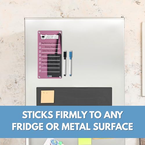 AVATAAR STUDIO Magnetic Acrylic Board for Fridge – 22x11 cm, 3mm Thick, Reusable Dry Erase Board with 2 Non-Toxic Pens – Grocery List, Planner, Kitchen Organizer (Pink Tote “Grocery List”) - Image 3