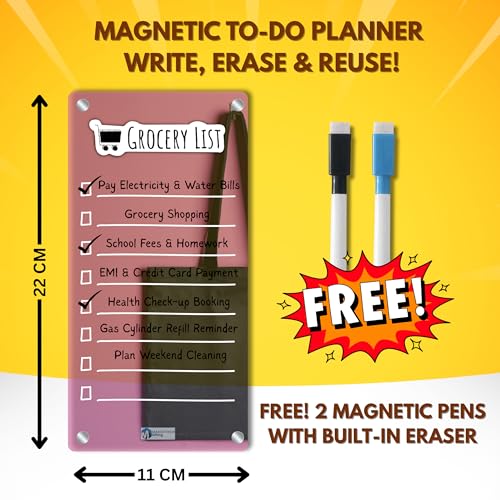 AVATAAR STUDIO Magnetic Acrylic Board for Fridge – 22x11 cm, 3mm Thick, Reusable Dry Erase Board with 2 Non-Toxic Pens – Grocery List, Planner, Kitchen Organizer (Pink Tote “Grocery List”) - Image 2