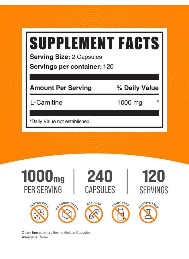 BulkSupplements BulkSupplements.com L-Carnitine 1000mg Capsules - Carnitine Supplement, L Carnitine 1000mg, L-Carnitine Capsules - 2 Capsules per Serving (1000mg), 240 Capsules (Pack of 1)  - Image 2