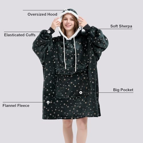 Qeils Wearable Blanket Hoodie for Women, Comfy Sherpa Sweatshirt Blanket as Birthday Christmas Gifts, Oversized Pullover Jacket Blanket Hoodie for Adult (Graphite Foil Star, Adult) - Image 3