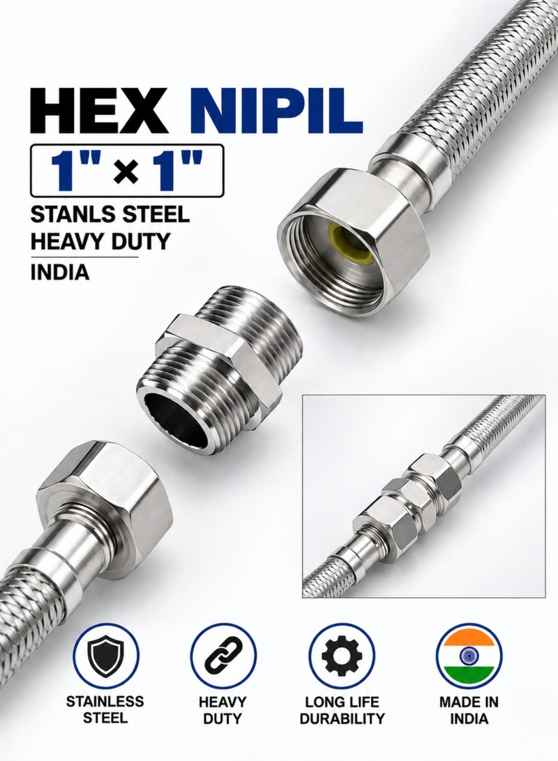 MAAT HEX NIPIL 1 Inch x 1 Inch Hex Nipple, Stainless Steel Heavy Duty Male Thread Pipe Fitting, Hexagonal Adapter Connector for Plumbing, Water & Industrial Applications, Made in India - Image 2