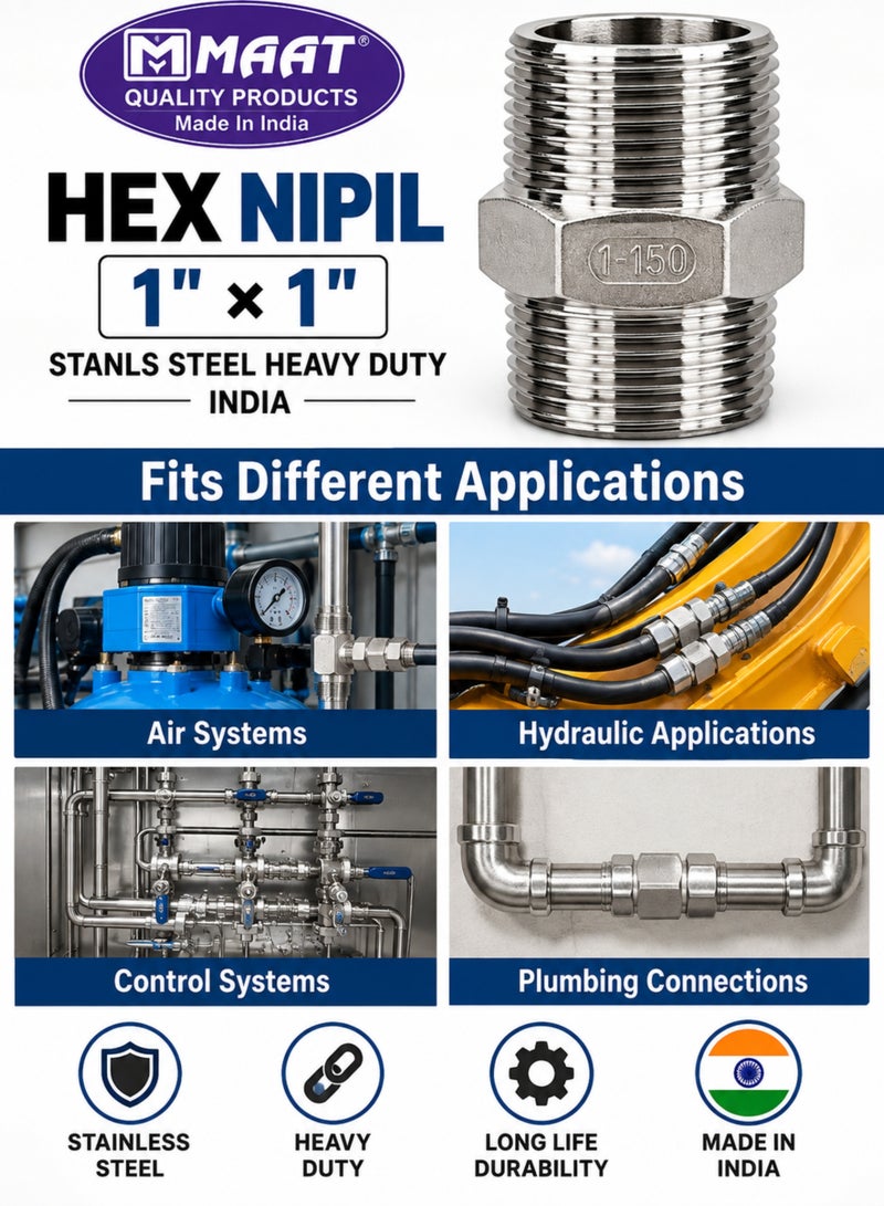 MAAT HEX NIPIL 1 Inch x 1 Inch Hex Nipple, Stainless Steel Heavy Duty Male Thread Pipe Fitting, Hexagonal Adapter Connector for Plumbing, Water & Industrial Applications, Made in India - Image 4