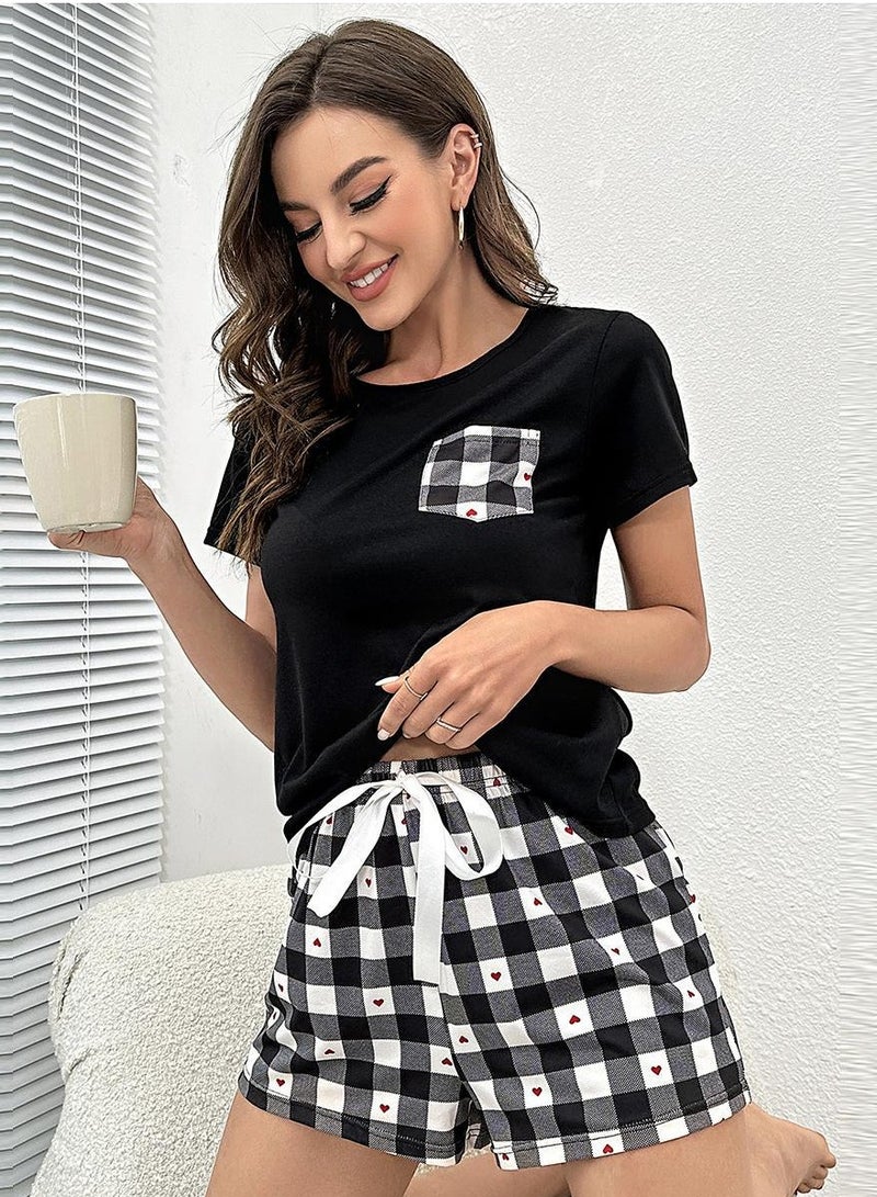 Loquat Women's Checked Pattern 2-Piece Set Nightgown Short Sleeve T-shirt And Shorts Soft Loungewear Pajamas Suit Leisure Wear Black Mix  - Image 2