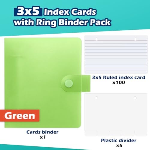 Olivo 3x5 Lined Index Cards with Ring Binder Holder and Dividers, 100 Ruled Cards, Green - Image 3