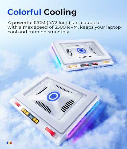 llano V10 Gaming Laptop Cooler, RGB Laptop Cooling Pad Stand with Powerful 4.72 Inch External Turbo Cooling Fan, Fast Cooling Computer 13-17.3inch, 3 Adjustable Stand, 4-Port USB C&A (White) - Image 2