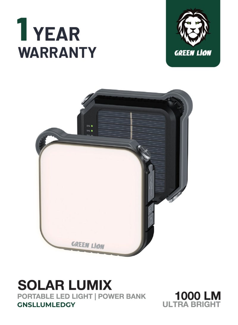 جرين ليون مصباح LED محمول يعمل بالطاقة الشمسية Lumix مع بنك طاقة 4000 مللي أمبير في الساعة / طاقة 10 وات / مدخل طاقة شمسية 1 وات / شاحن محمول صغير الحجم / وقت عمل من 6 إلى 24 ساعة / سطوع 1000 لومن / منفذ شحن USB-C / 4 أوضاع إضاءة بألوان مختلفة / زاوية قابلة للتعديل 150 درجة - رمادي - Image 1