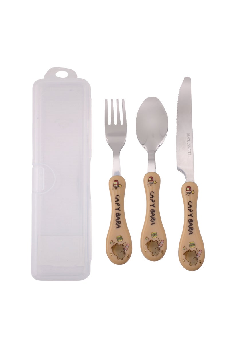CRAVISTA Capy Bara Design Kids Cutlery Set with Case - 3-Piece Stainless Steel BPA Free Cutlery Set Includes Spoon, Fork, Knife and Case for Lunch Box, Picnic and Travel (Brown - Drink) - Image 1
