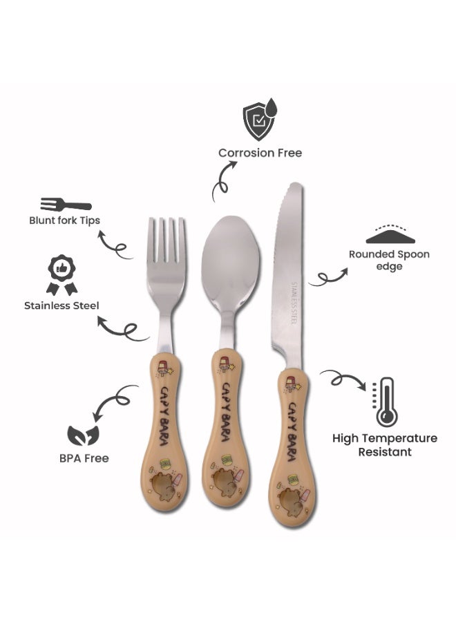 CRAVISTA Capy Bara Design Kids Cutlery Set with Case - 3-Piece Stainless Steel BPA Free Cutlery Set Includes Spoon, Fork, Knife and Case for Lunch Box, Picnic and Travel (Brown - Drink) - Image 2
