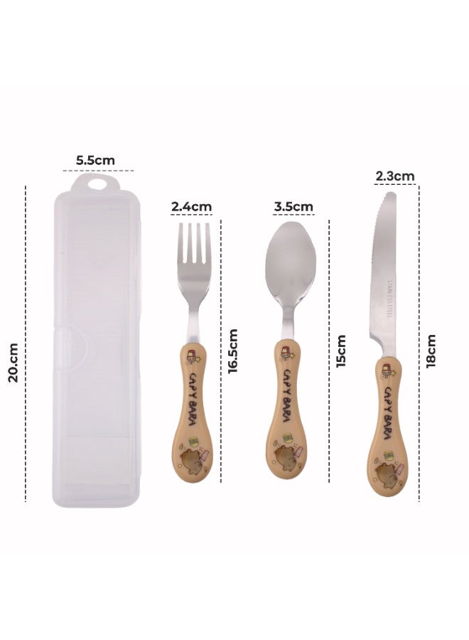 CRAVISTA Capy Bara Design Kids Cutlery Set with Case - 3-Piece Stainless Steel BPA Free Cutlery Set Includes Spoon, Fork, Knife and Case for Lunch Box, Picnic and Travel (Brown - Drink) - Image 4