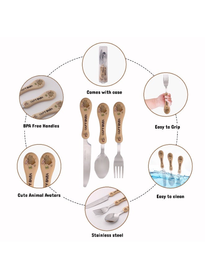 CRAVISTA Capy Bara Design Kids Cutlery Set with Case - 3-Piece Stainless Steel BPA Free Cutlery Set Includes Spoon, Fork, Knife and Case for Lunch Box, Picnic and Travel (Brown - Drink) - Image 3