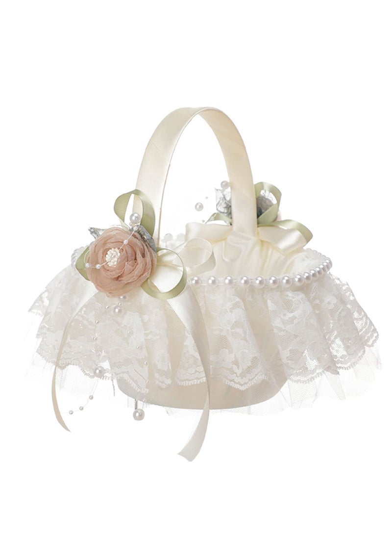 SYOSI Flower Girl Basket for Wedding, White Lace Flower Basket with Beading Satin Flower Basket with Silk Rose Flower and Pearl for Wedding Ceremony Party Decoration - Image 1