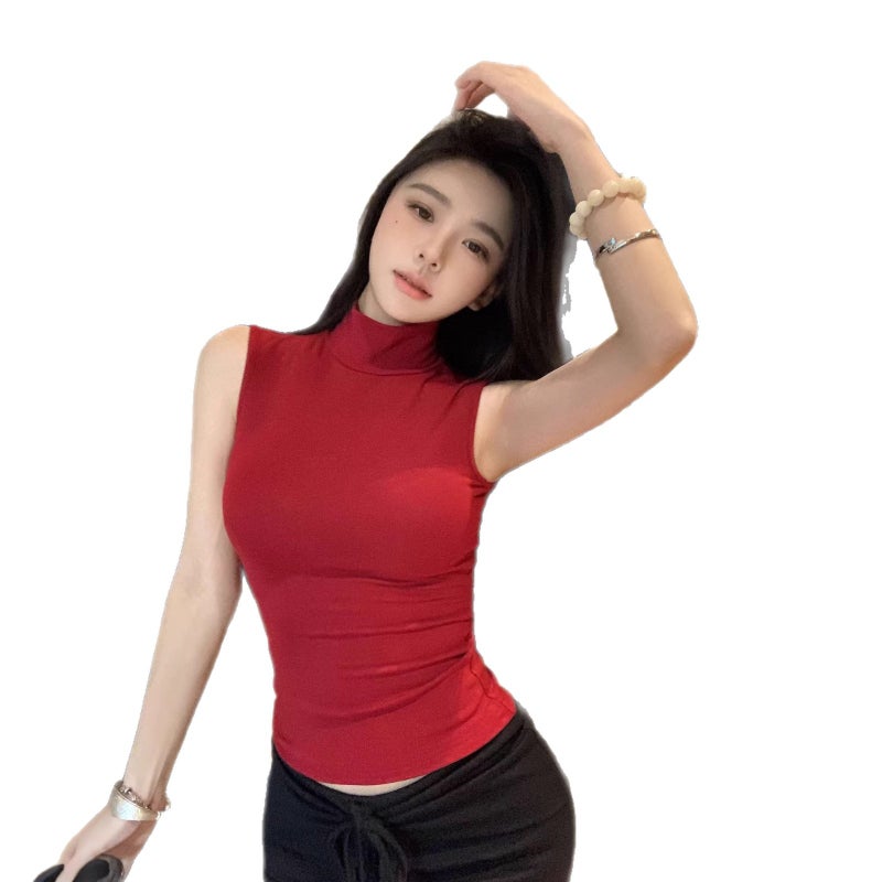 Women's Red Mock Neck Sleeveless Slim Fit Vest - Image 5