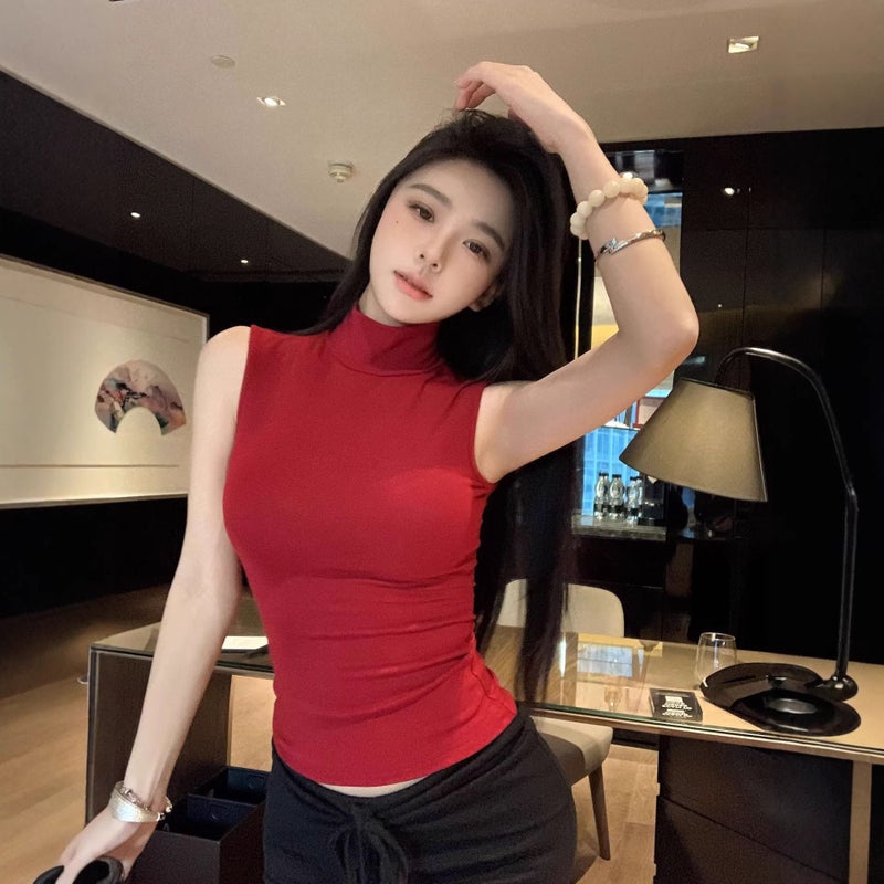 Women's Red Mock Neck Sleeveless Slim Fit Vest - Image 1