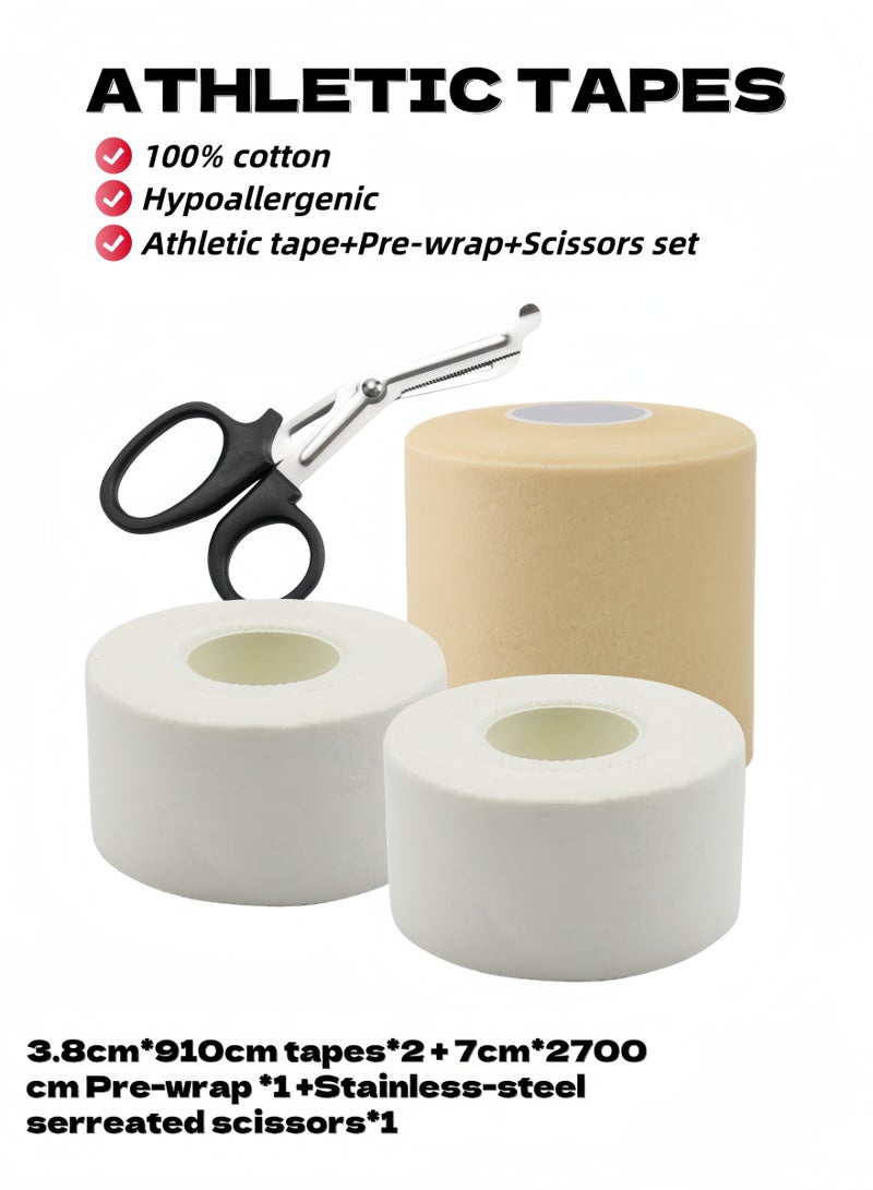 Generic 3.8*910cm 2 White Athletic Tapes, 7*2700cm 1 Skin Foam Pre-wrap, & 1 Stainless Steel Scissors, Sports Protection Set,Very Strong, Easy Tear, No Sticky Residue Tape for Athlete & Sport Trainers & First Aid Injury Wrap, Suitable for Basketball, Bats, Tennis, Gymnastics, Boxing, etc. - Image 1