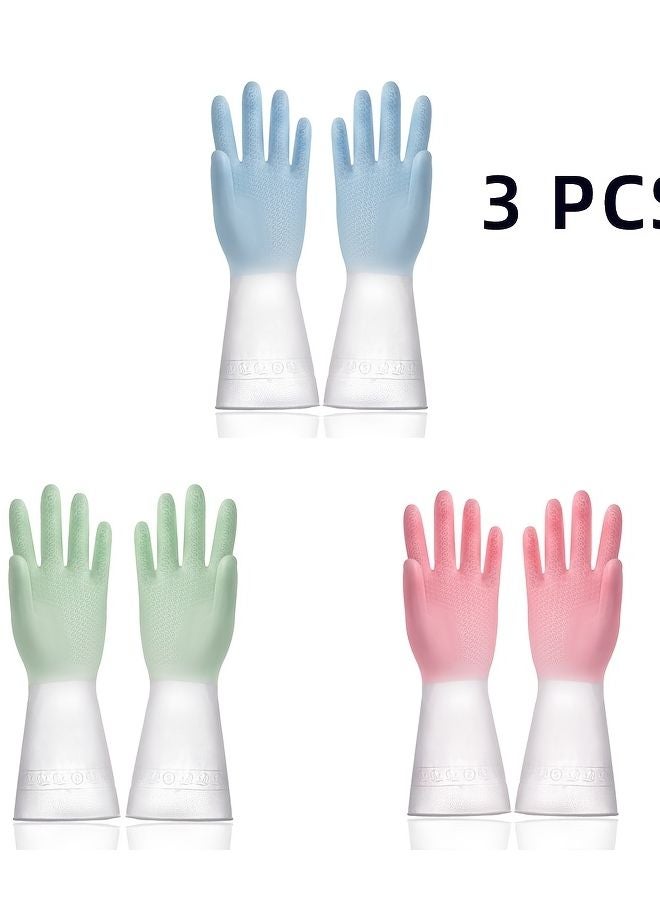 3 Pack Premium Silicone Cleaning Gloves Green Pink Blue Slip Resistant Durable - Image 1