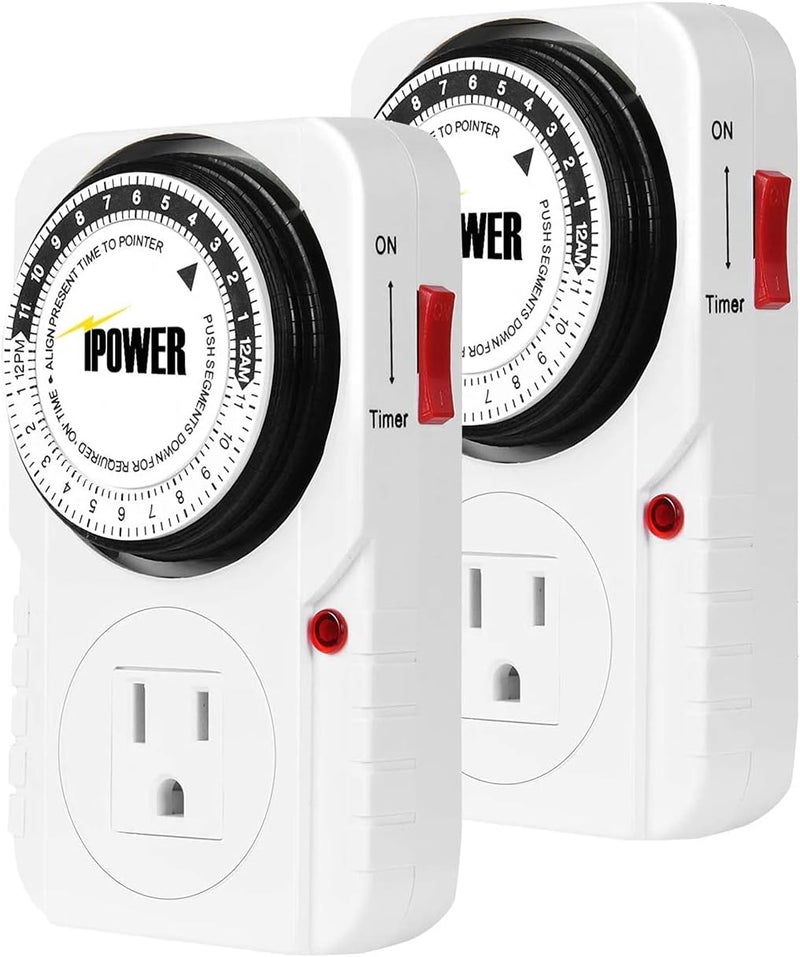iPower 24 Hour Plugin Mechanical Timer Indoor Electric Outlet Switch Accurate Heavy Duty 3Prong Grounded for Aquarium Grow Light 2 Pack Hydroponics Appliances AC 1725W 12 HP - Image 1