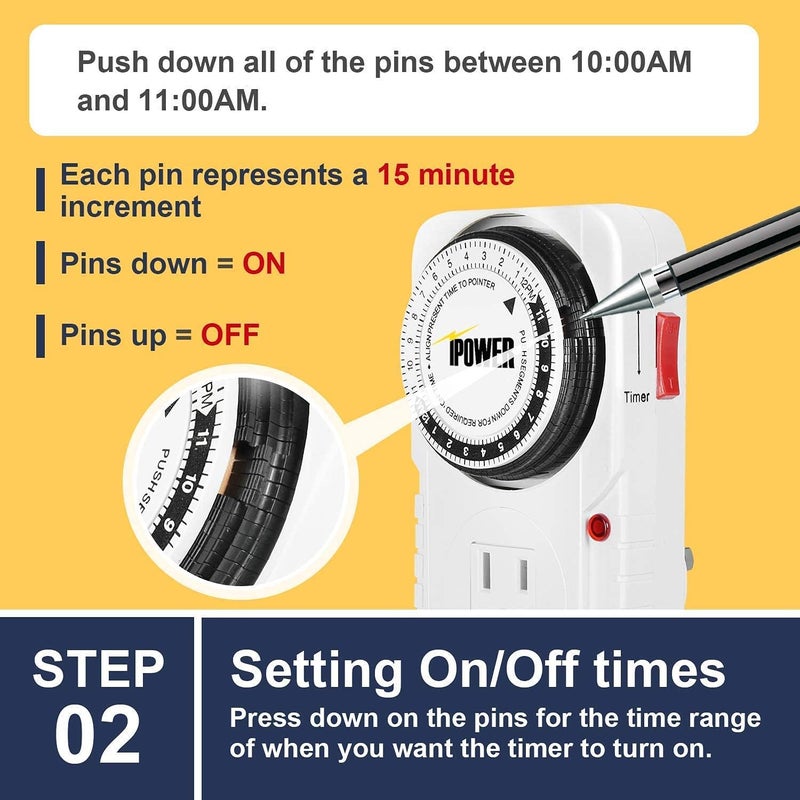 iPower 24 Hour Plugin Mechanical Timer Indoor Electric Outlet Switch Accurate Heavy Duty 3Prong Grounded for Aquarium Grow Light 2 Pack Hydroponics Appliances AC 1725W 12 HP - Image 3