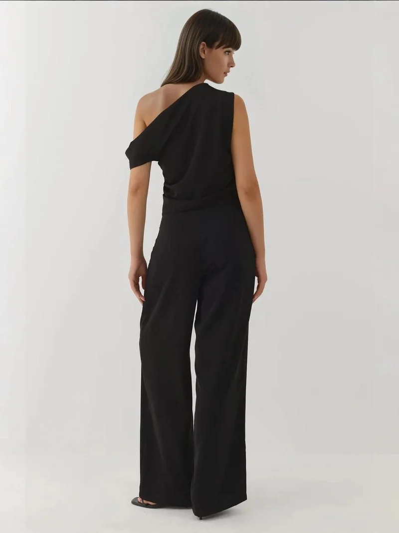 Hiccup Black Wide Leg Asymmetrical Collar Jumpsuit for Women | Best Price UAE