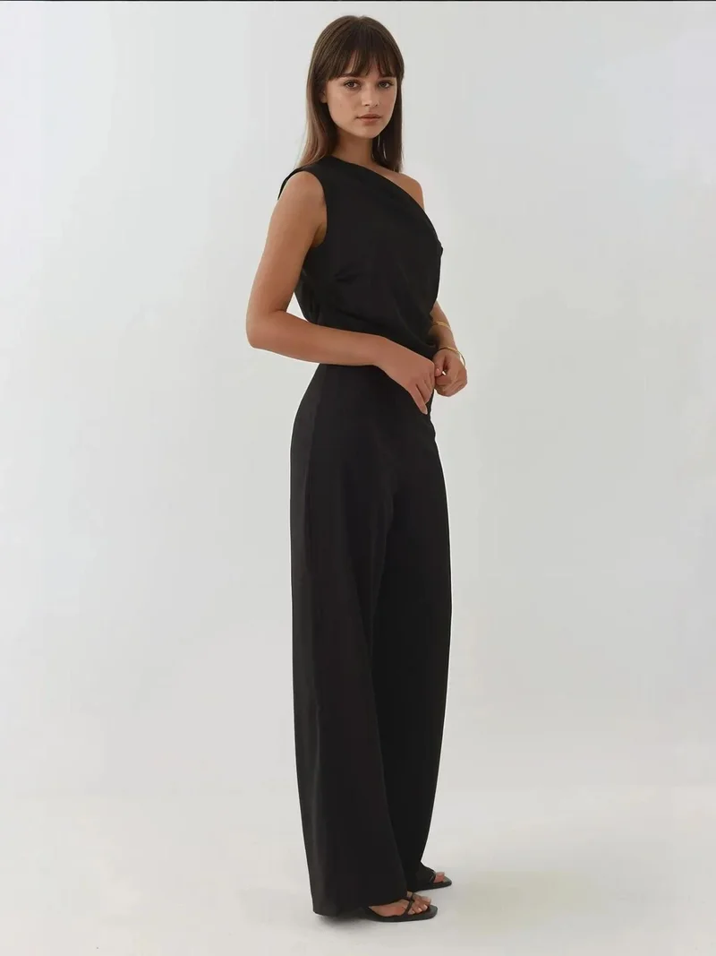 Hiccup Black Wide Leg Asymmetrical Collar Jumpsuit for Women | Best Price UAE