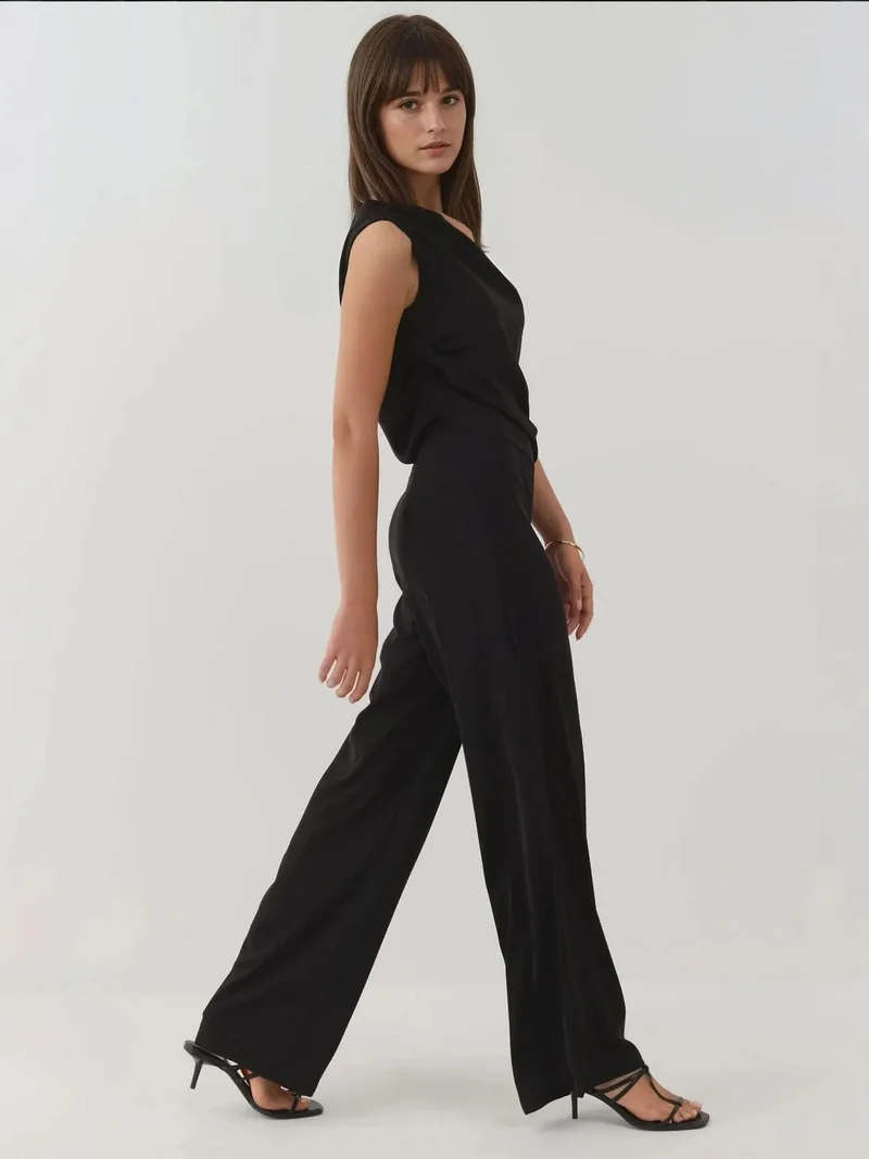 Hiccup Black Wide Leg Asymmetrical Collar Jumpsuit for Women | Best Price UAE