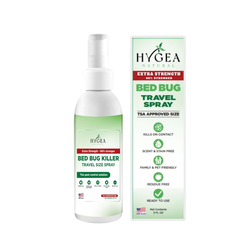 Hygea Natural Extra Strength Bed Bug Killer Mite Travel SprayTSA Approved Size Child PetFriendly Stain Odor Free for Hotel Suitcase Backpack Shoes 66 Stronger Natural Formula3oz