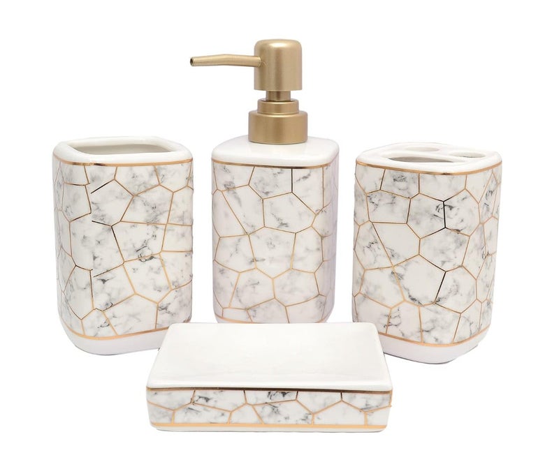 Skywalk Ceramic Bathroom Set of 4 Pcs - Soap Dispenser, Beaker/Tumbler, Soap Dish, Brush Holder for Bathroom Décor and Home Gift Set - Image 1