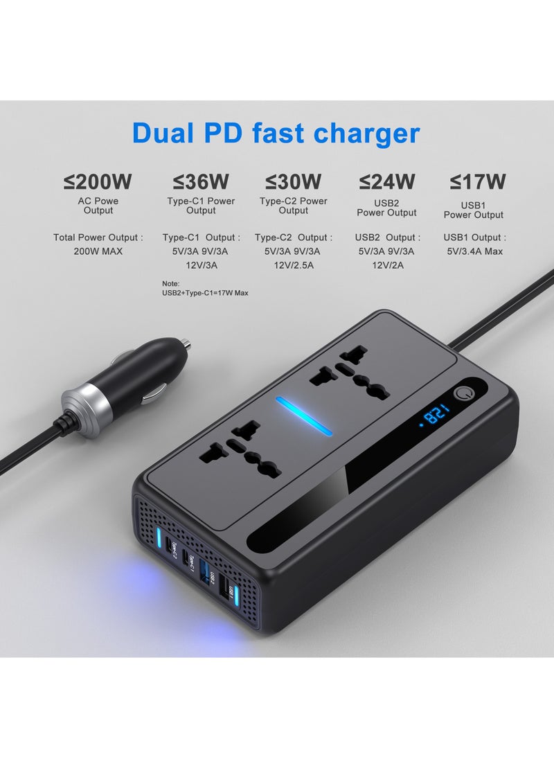 IISE 2024 Upgraded 200W Car Power Inverter, DC 12V/24V to 220V AC Car Inverter,2 USB 2 Type-C Ports Charger Adapter Car Plug Converter with Switch and Current LED Screen,Car Charger Adapter  - Image 4