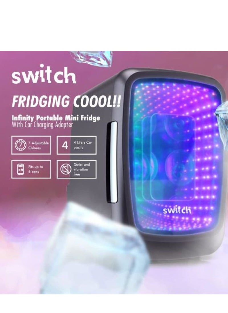 Switch - SWITCH Infinity Portable Mini Fridge With Car Charging Adaptor, Fits 6 Cans, 4 Liters Capacity For Food, Beverages, Cosmetics For Car, Camping, Home Bedroom, Office Desk, Gaming Desk - Image 1