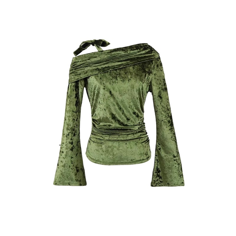 American-Style Pure Brick And Stone Velvet Oblique Shoulder Strap Horn Long Sleeve Pleated Slim T-Shirt 2025 Spring New Bottoming Shirt - Image 3